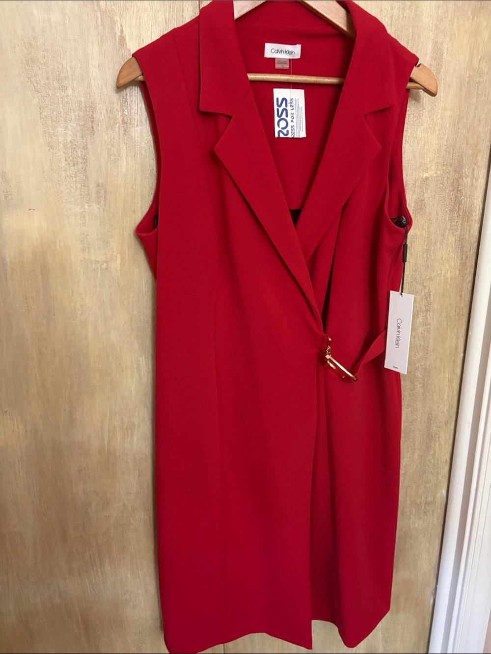 Calvin Klein Bold Red Sleeveless Blazer Dress with Gold Accent